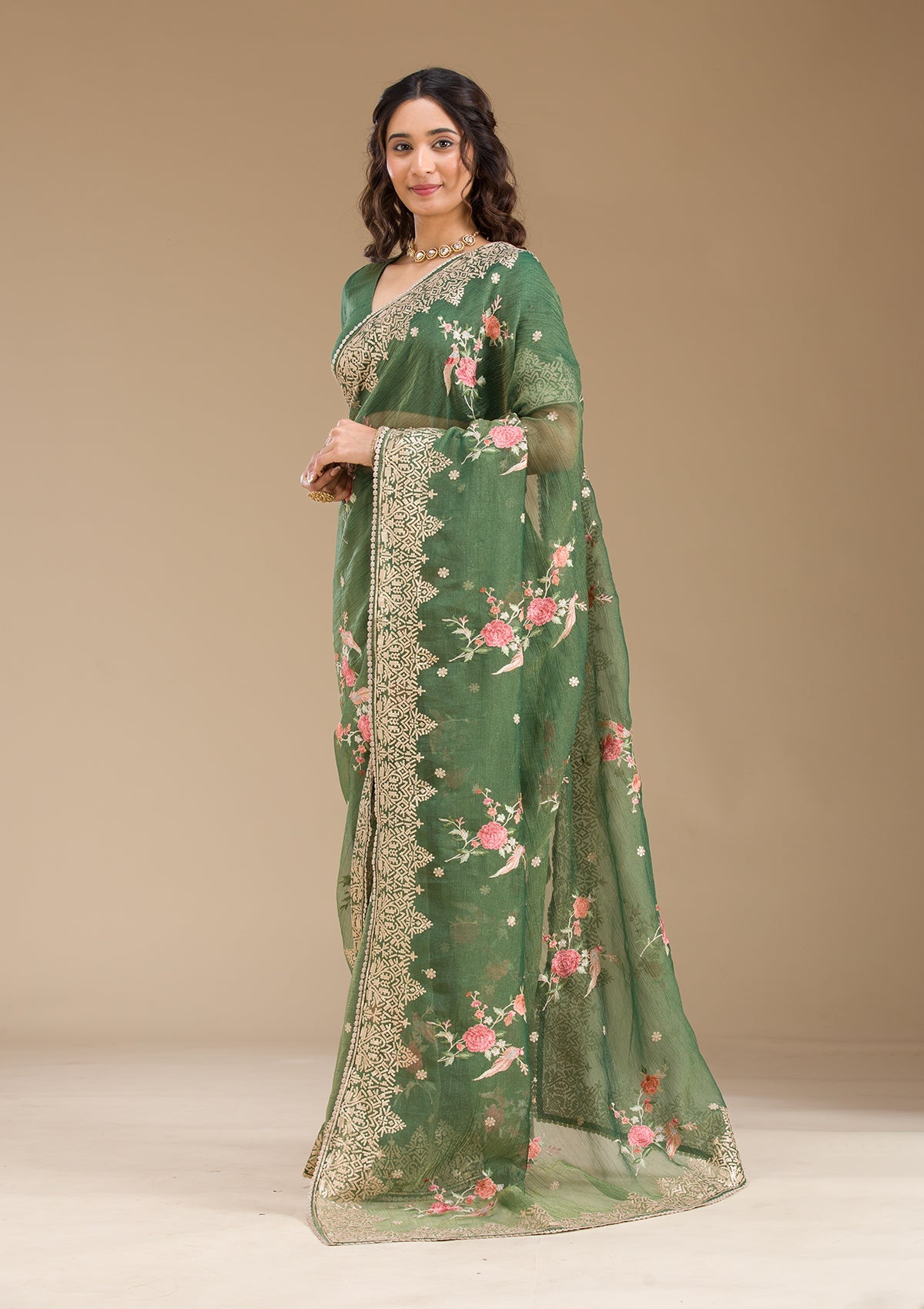 Bottle Green Sequins Tissue Saree