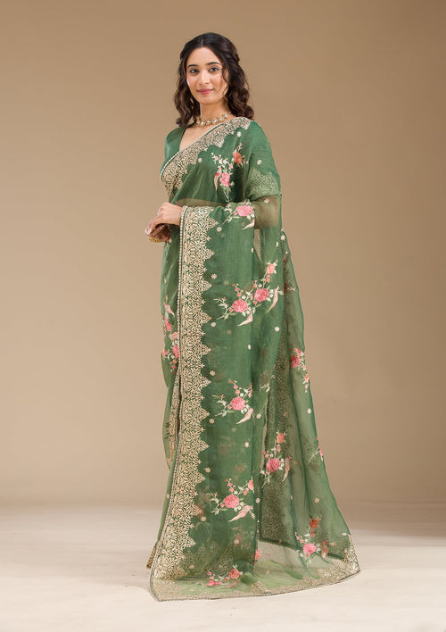 Bottle Green Sequins Tissue Saree
