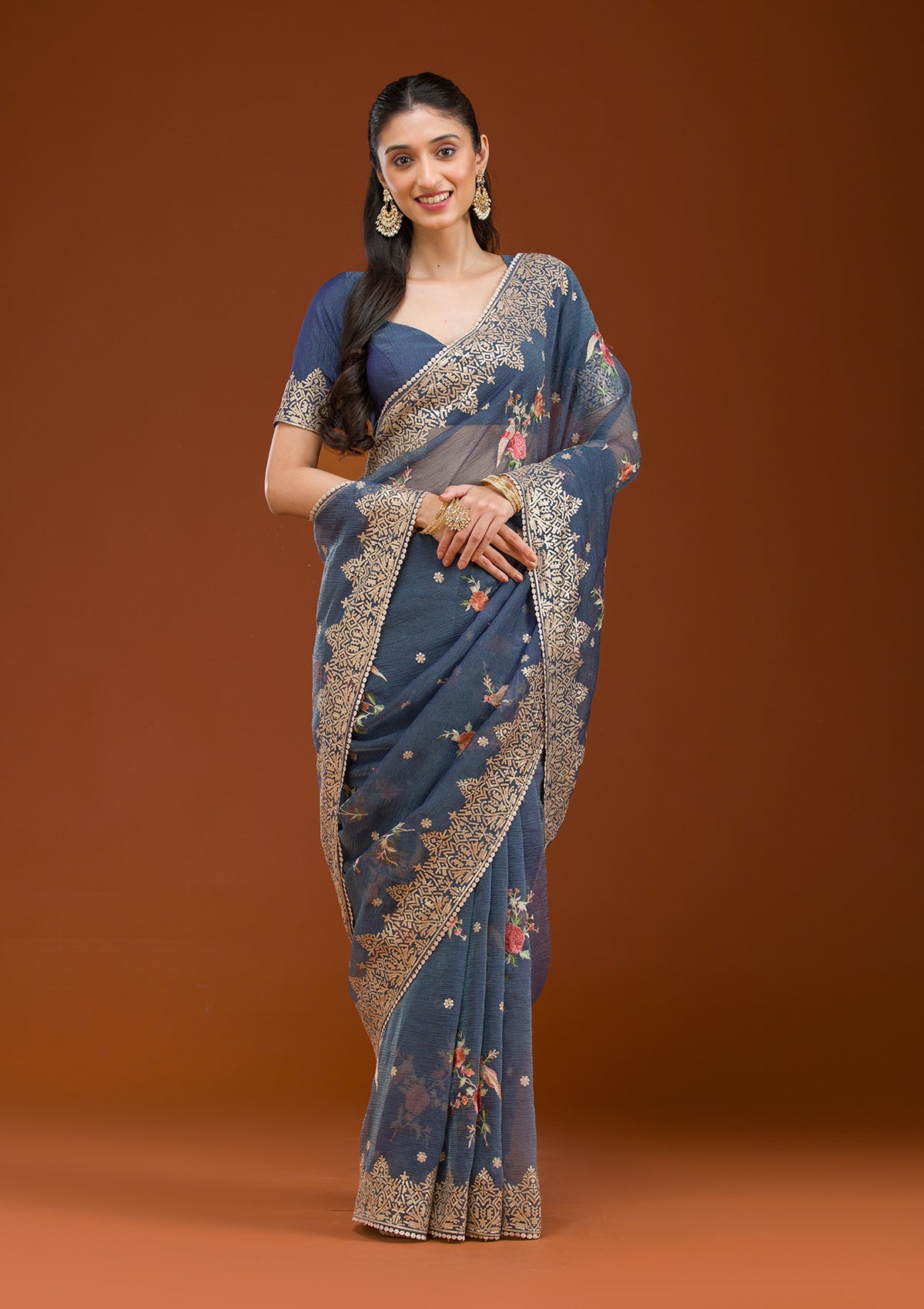 Navy Blue Sequins Tissue Saree