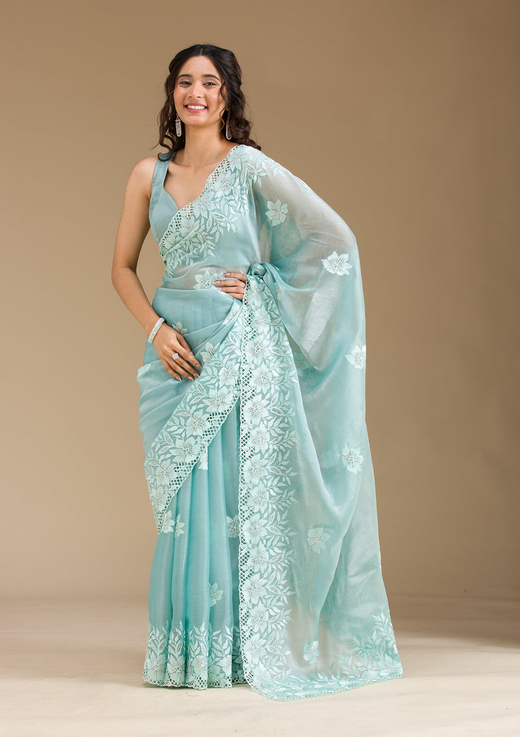 Sea Green Stonework Tissue Saree