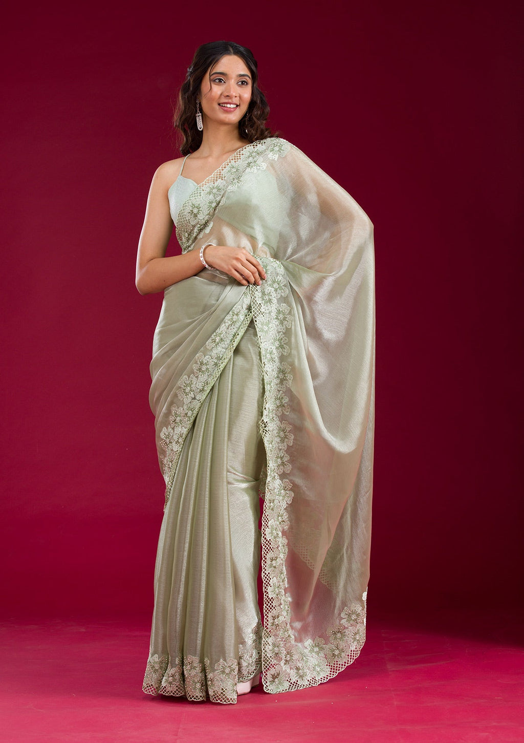 Pista Green Stonework Tissue Saree