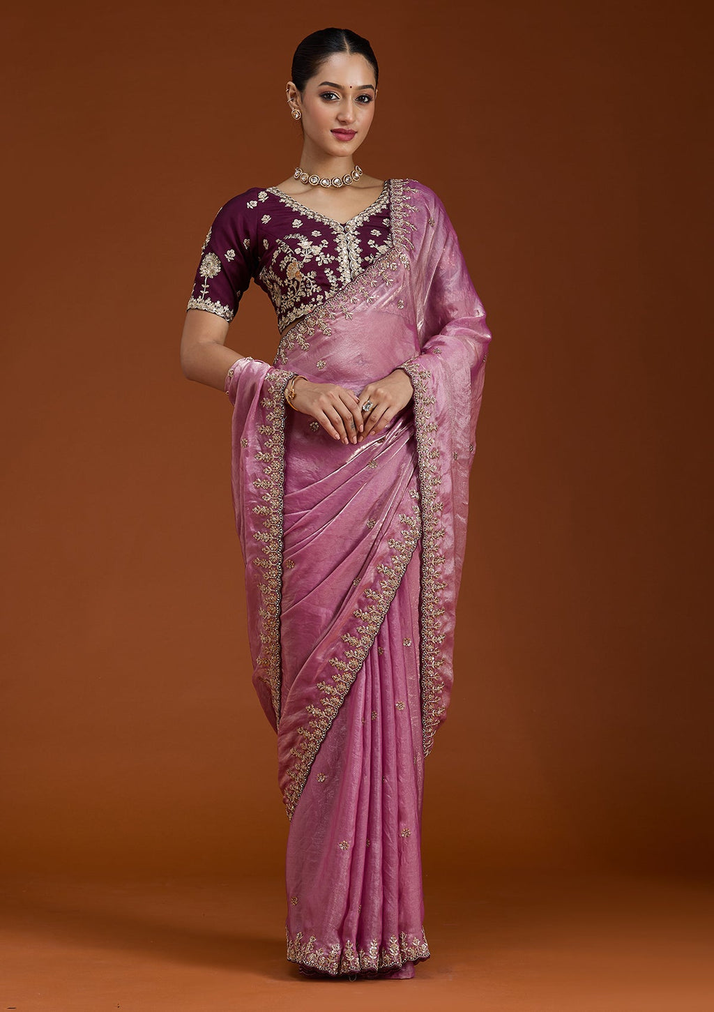 Onion Pink Sequins Tissue Saree