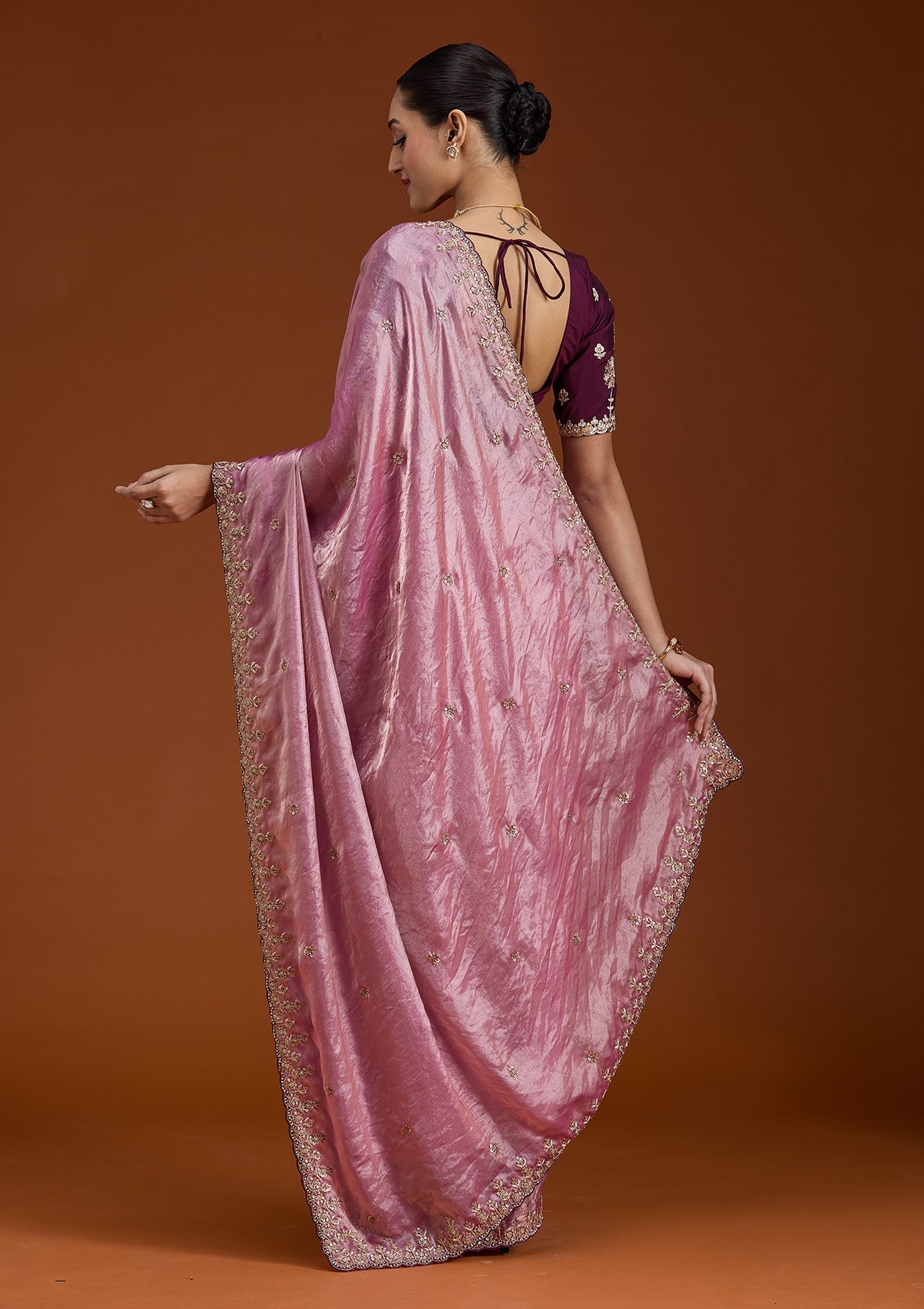 Onion Pink Sequins Tissue Saree