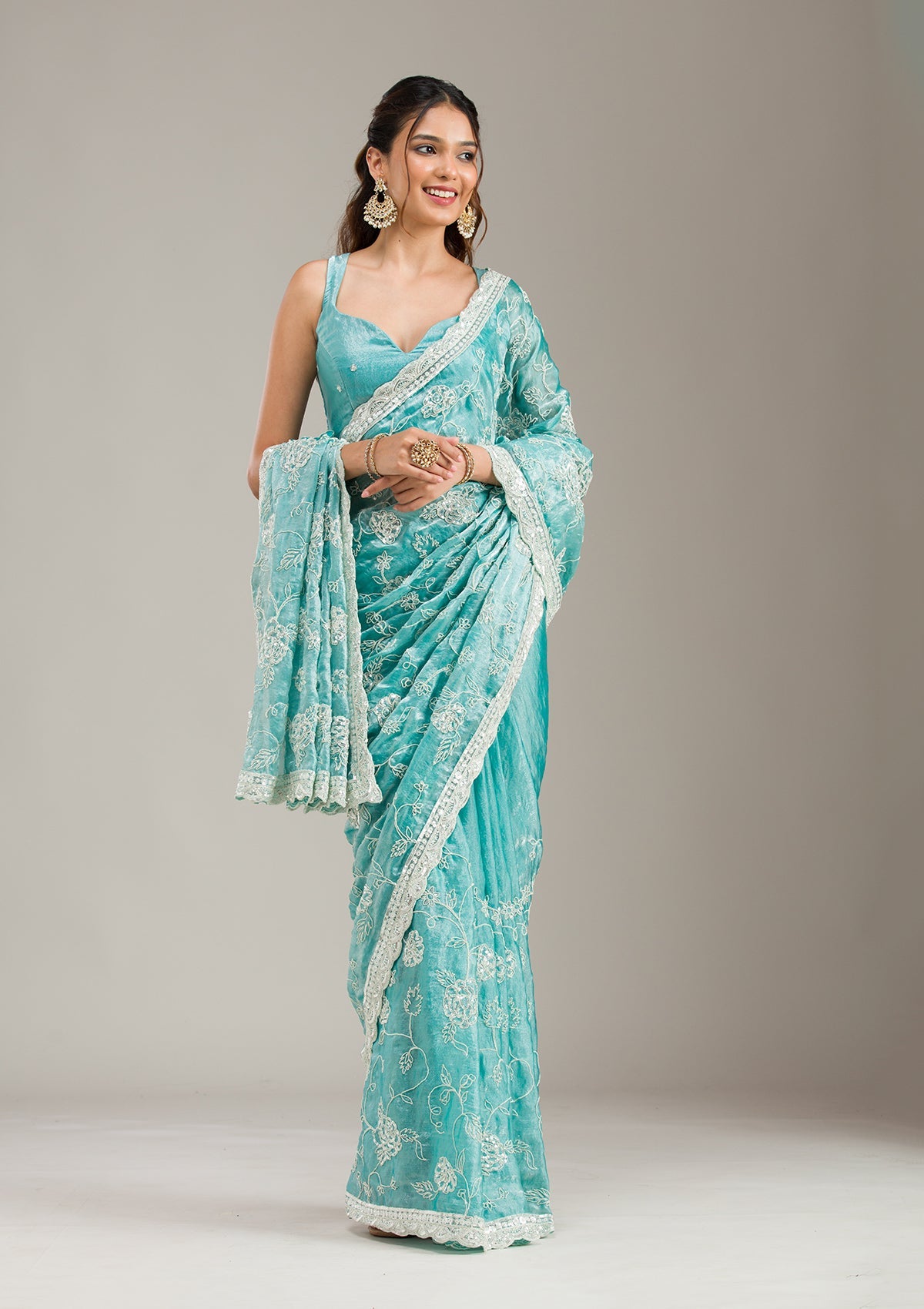 Sea Green Cording Tissue Saree
