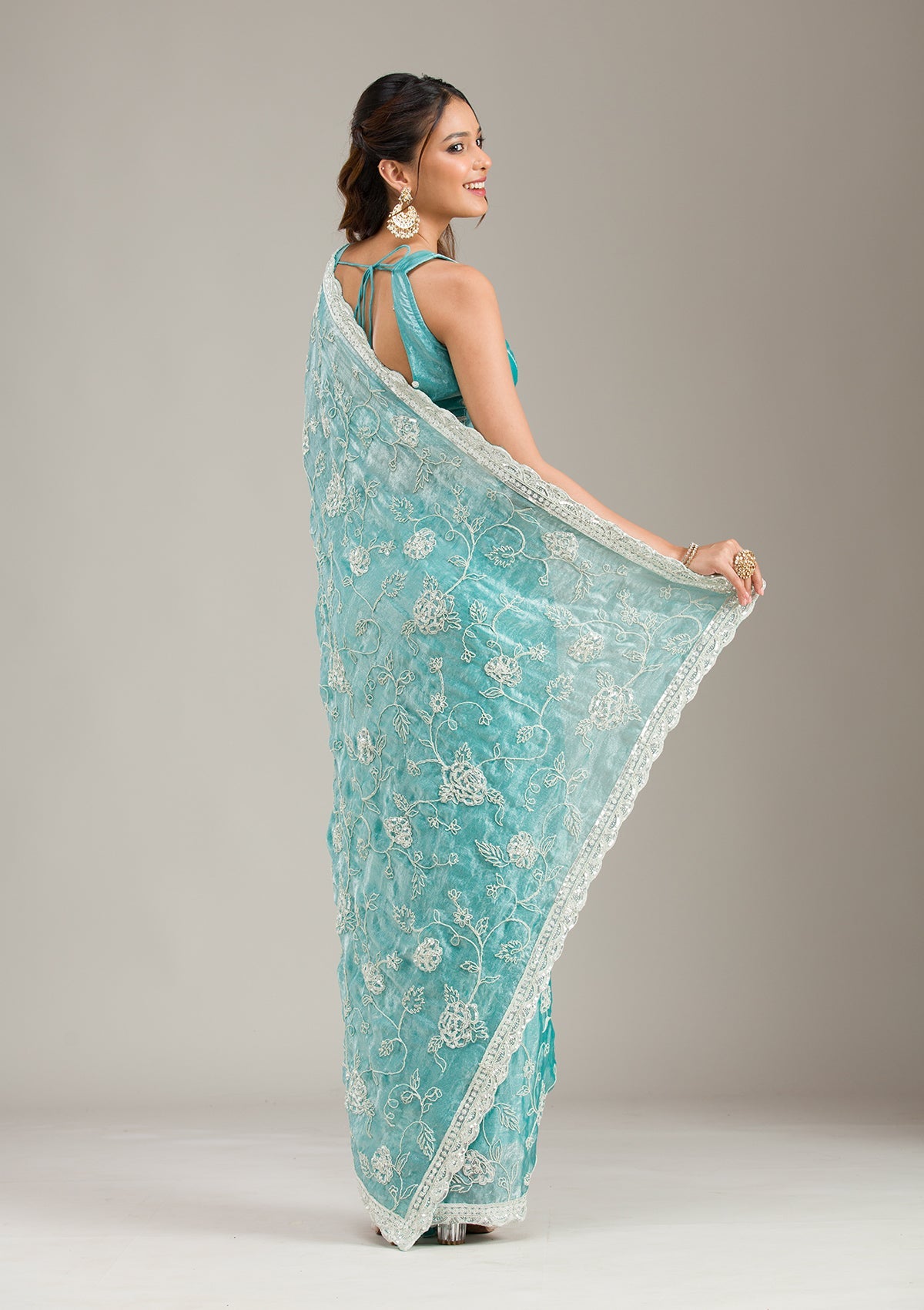 Sea Green Cording Tissue Saree