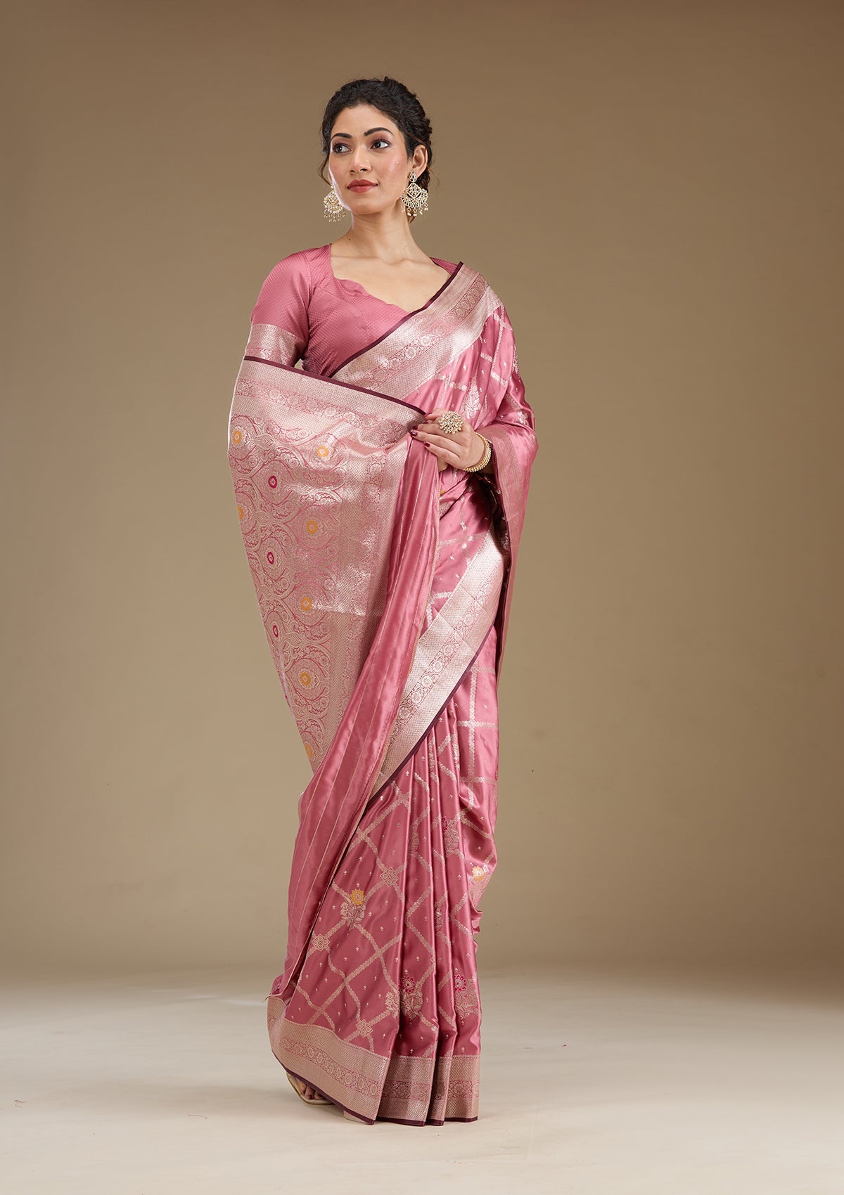 Onion Pink Zariwork (Gold) Silk Saree