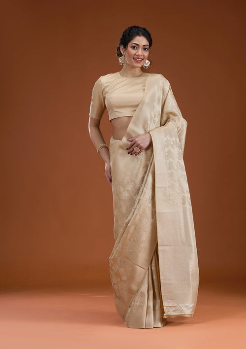 Beige Zariwork (Gold) Silk Saree