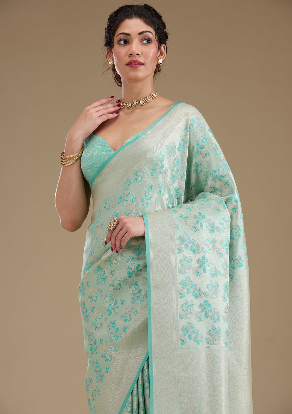 Turquoise Blue Zariwork (Gold) Silk Saree