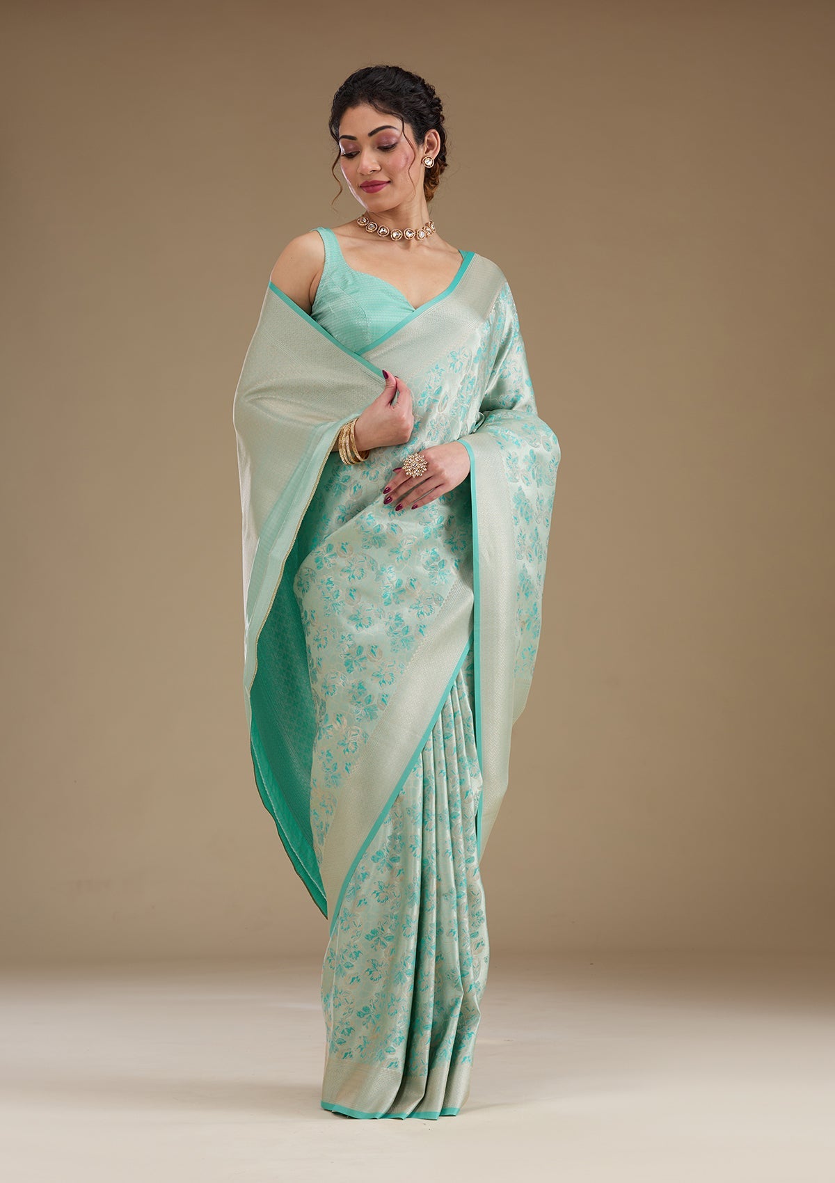 Turquoise Blue Zariwork (Gold) Silk Saree
