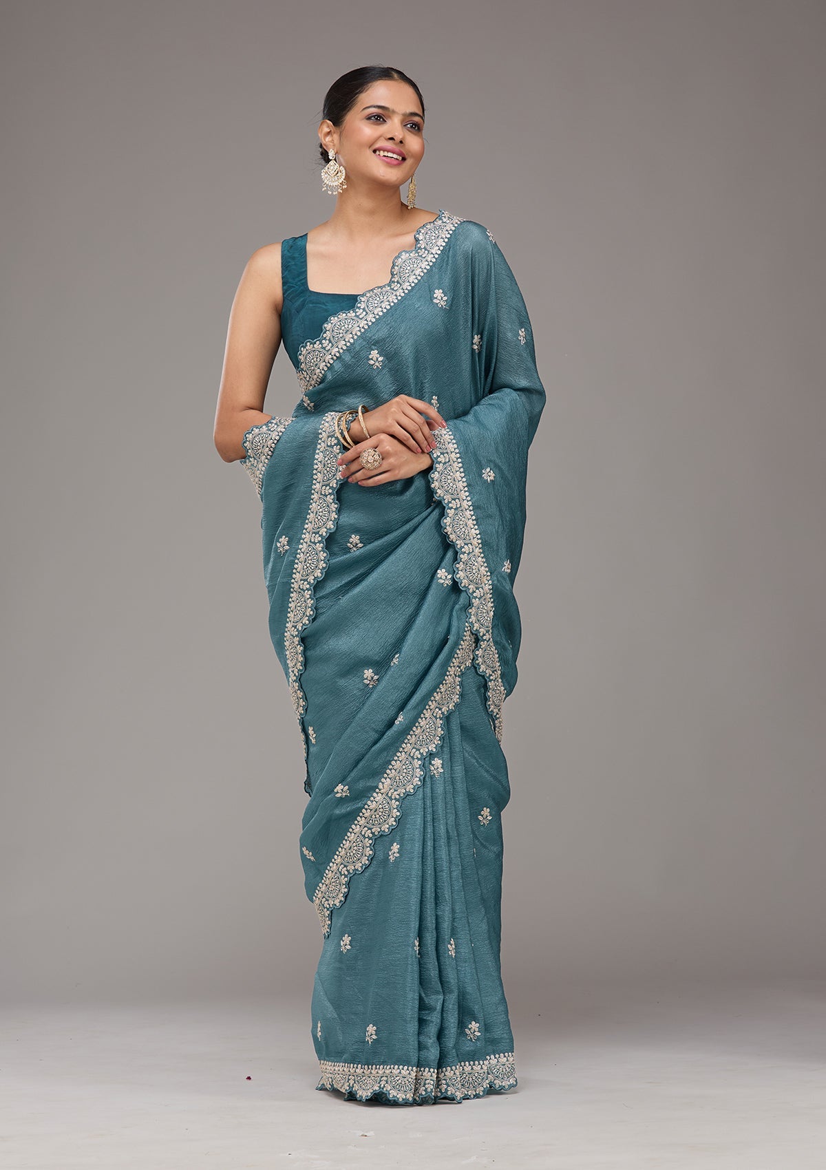 Peacock Blue Zariwork (Silver) Crepe Saree