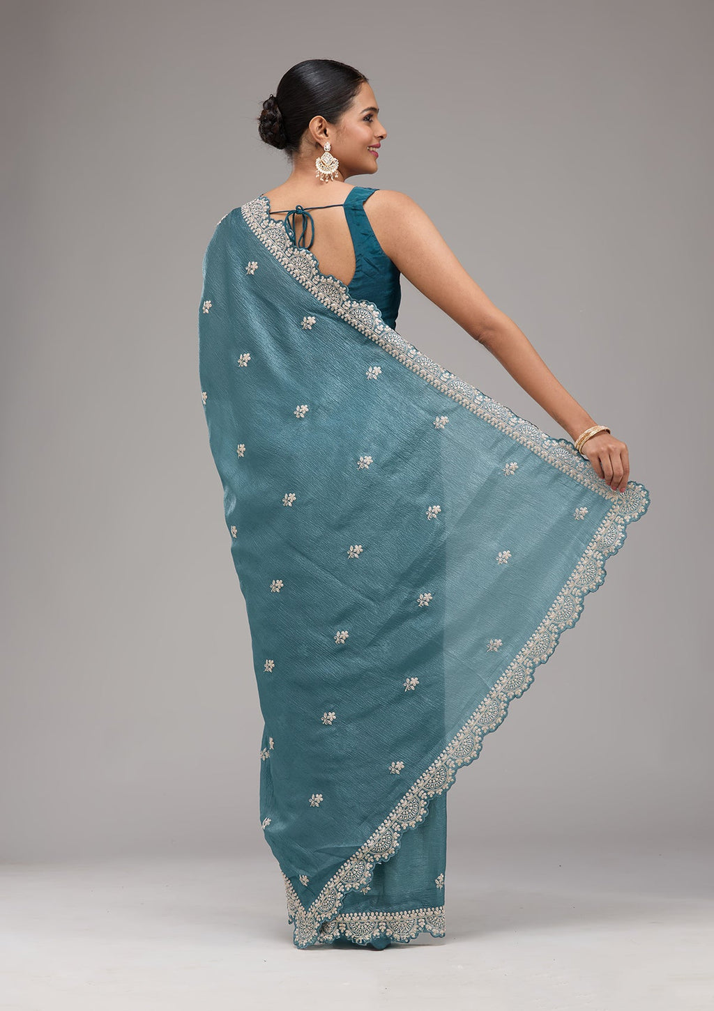 Peacock Blue Zariwork (Silver) Crepe Saree