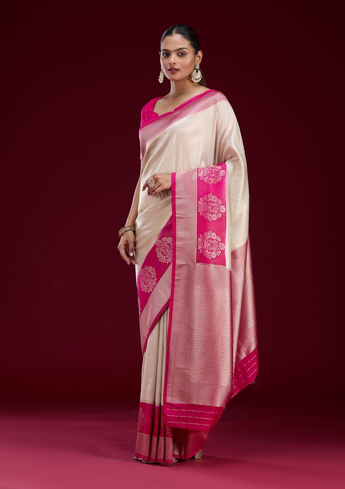 Off White Zariwork Art Silk Saree
