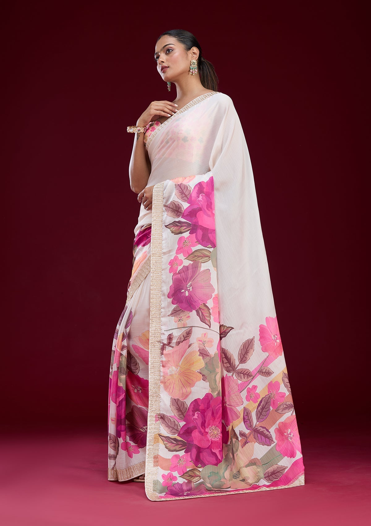 Cream Cutdana Chiffon Saree