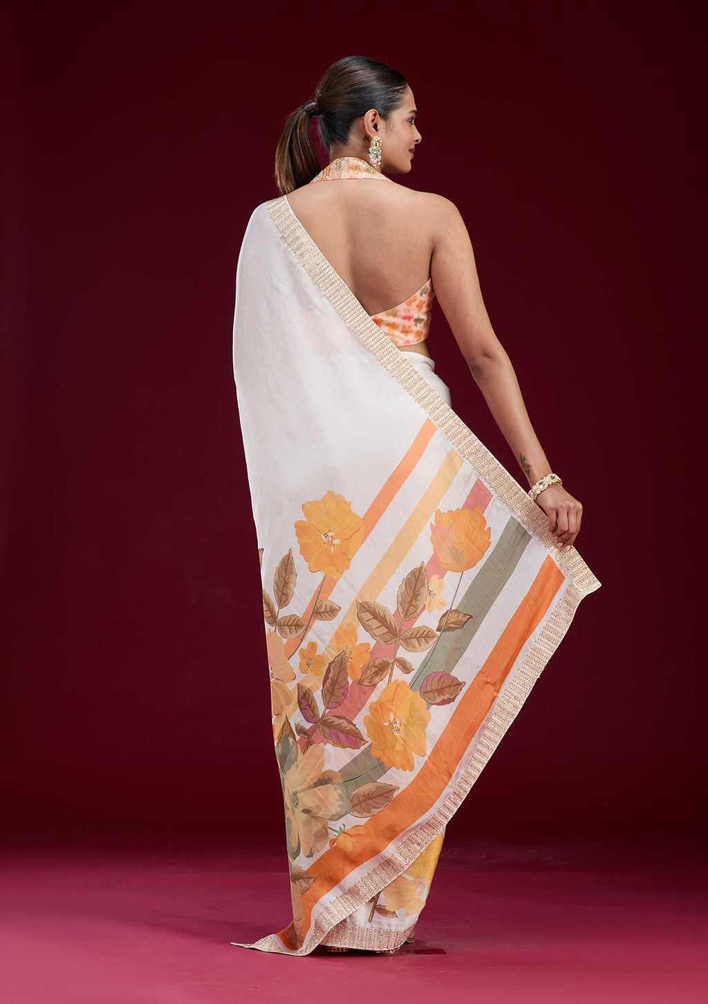 Cream Cutdana Chiffon Saree