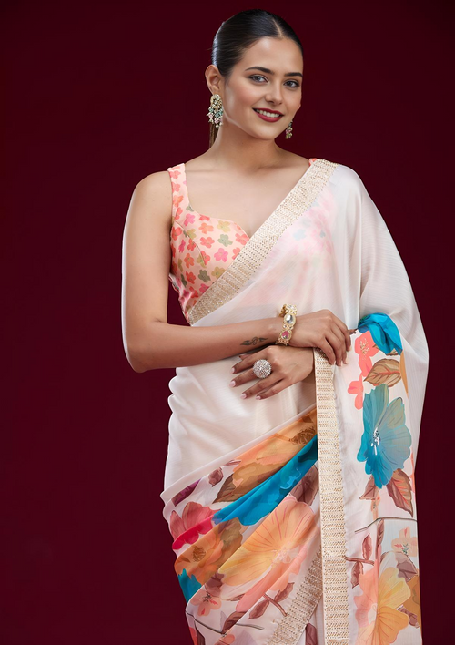 Cream Cutdana Chiffon Saree