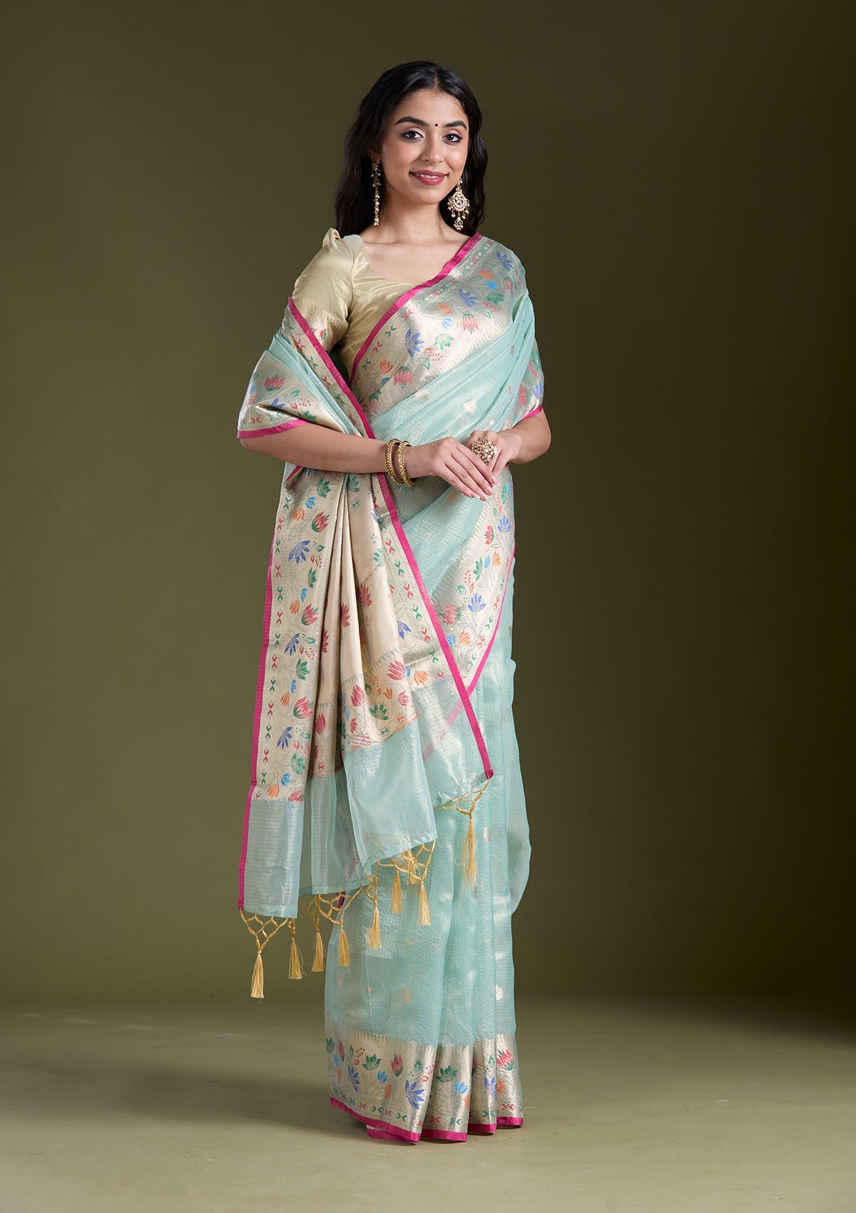 Sea Green Zariwork (Gold) Tissue Silk Saree