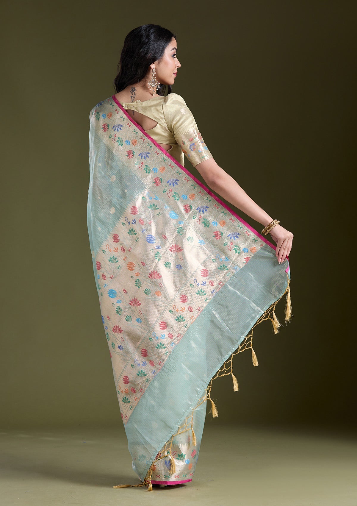 Sea Green Zariwork (Gold) Tissue Silk Saree