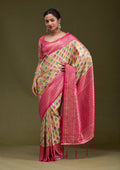 Magenta Pink Printed Satin Silk Saree