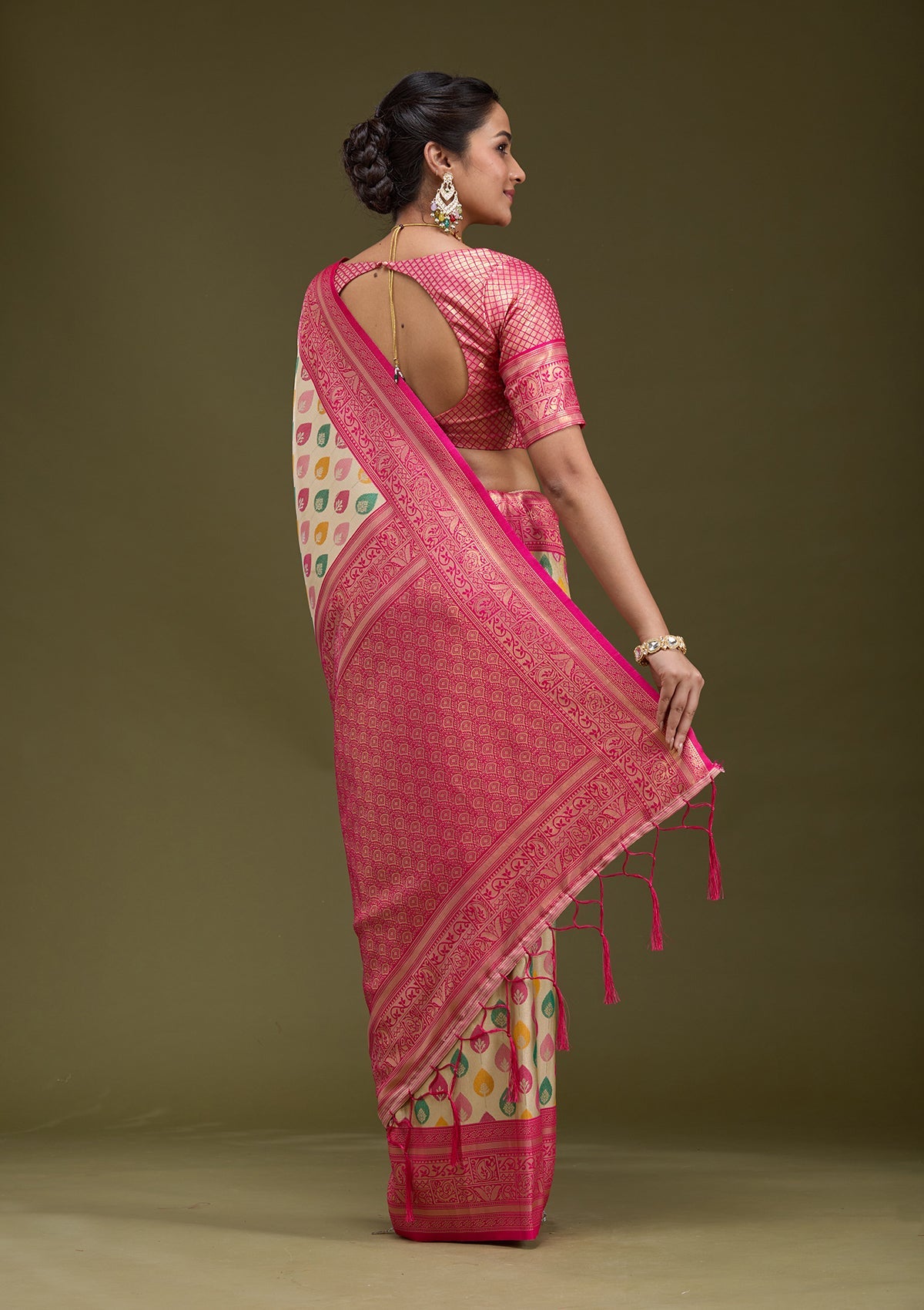 Magenta Pink Printed Satin Silk Saree