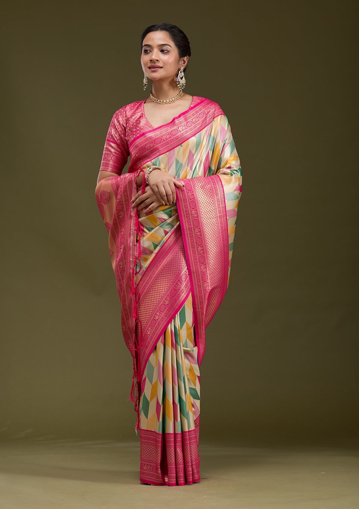 Magenta Pink Printed Satin Silk Saree