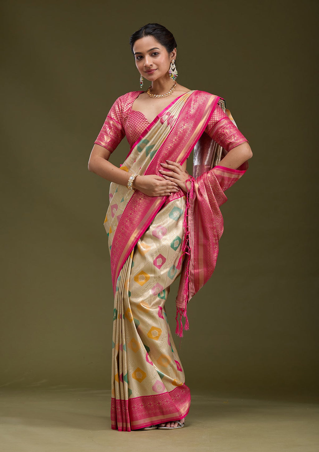 Magenta Pink Printed Satin Silk Saree