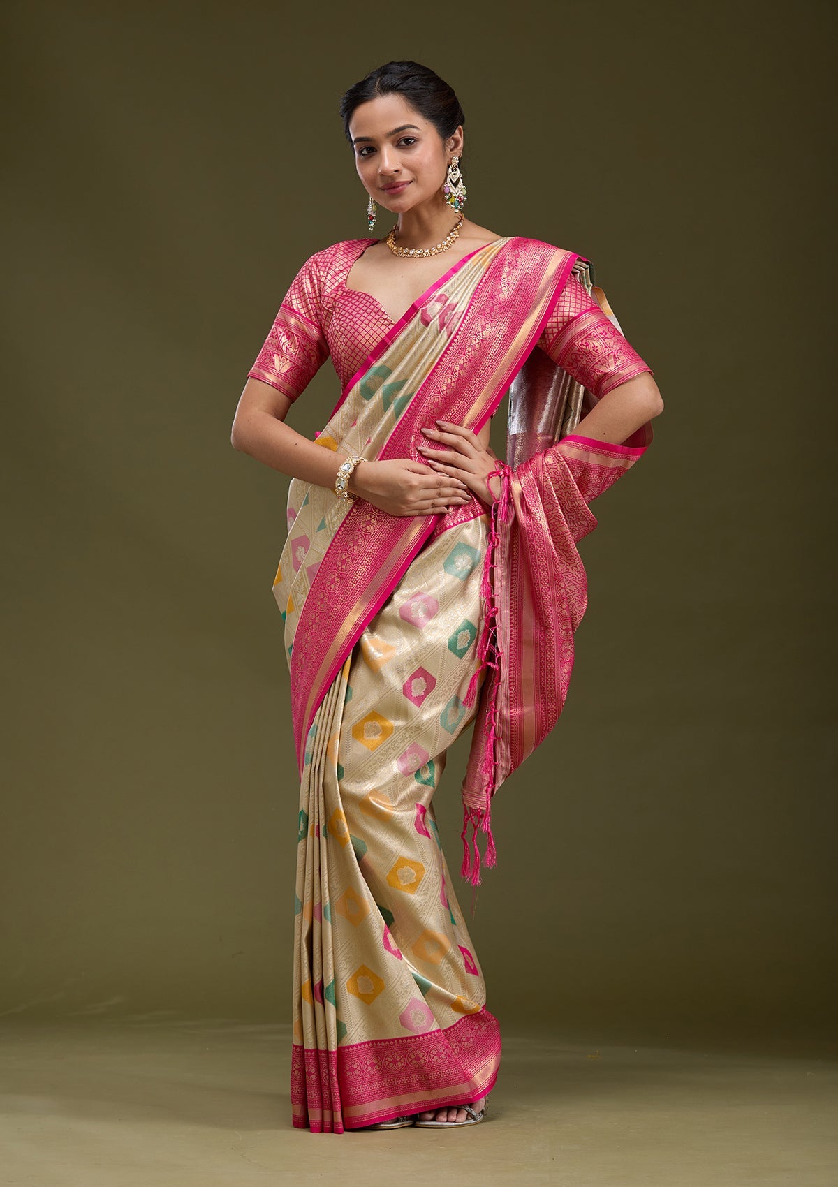 Magenta Pink Printed Satin Silk Saree
