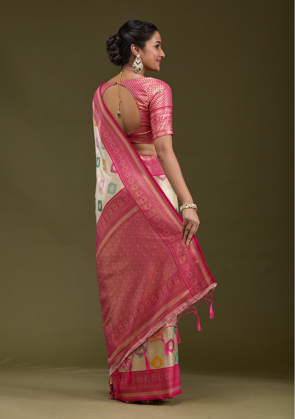 Magenta Pink Printed Satin Silk Saree
