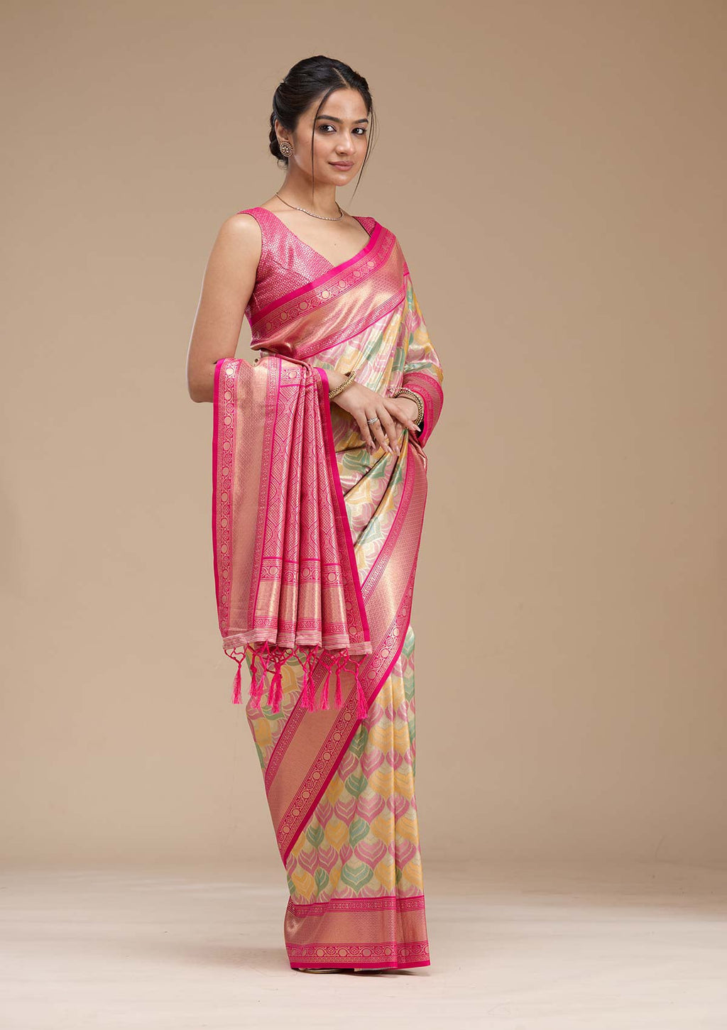 Magenta Pink Printed Satin Silk Saree
