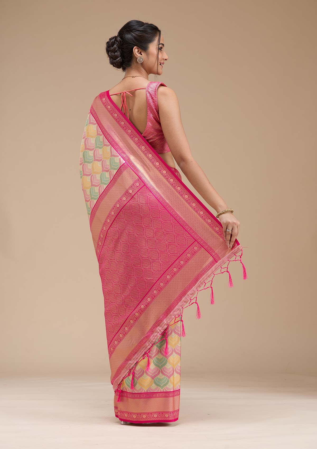 Magenta Pink Printed Satin Silk Saree