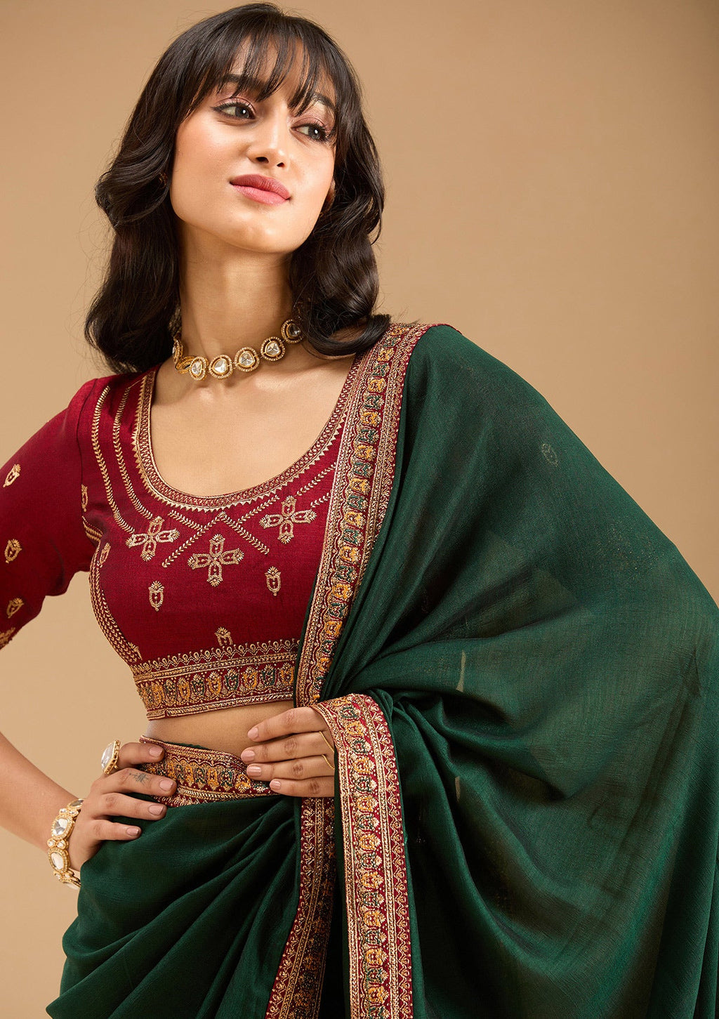 Bottle Green Gold Zariwork Soft Raw Silk Saree