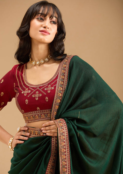 Bottle Green Gold Zariwork Soft Raw Silk Saree