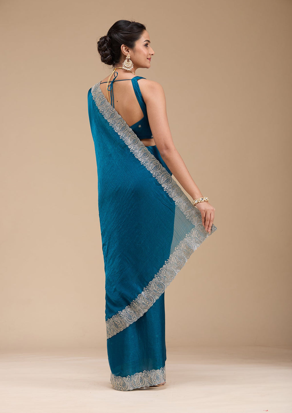 Peacock Blue Zariwork (Silver) Chiffon Saree