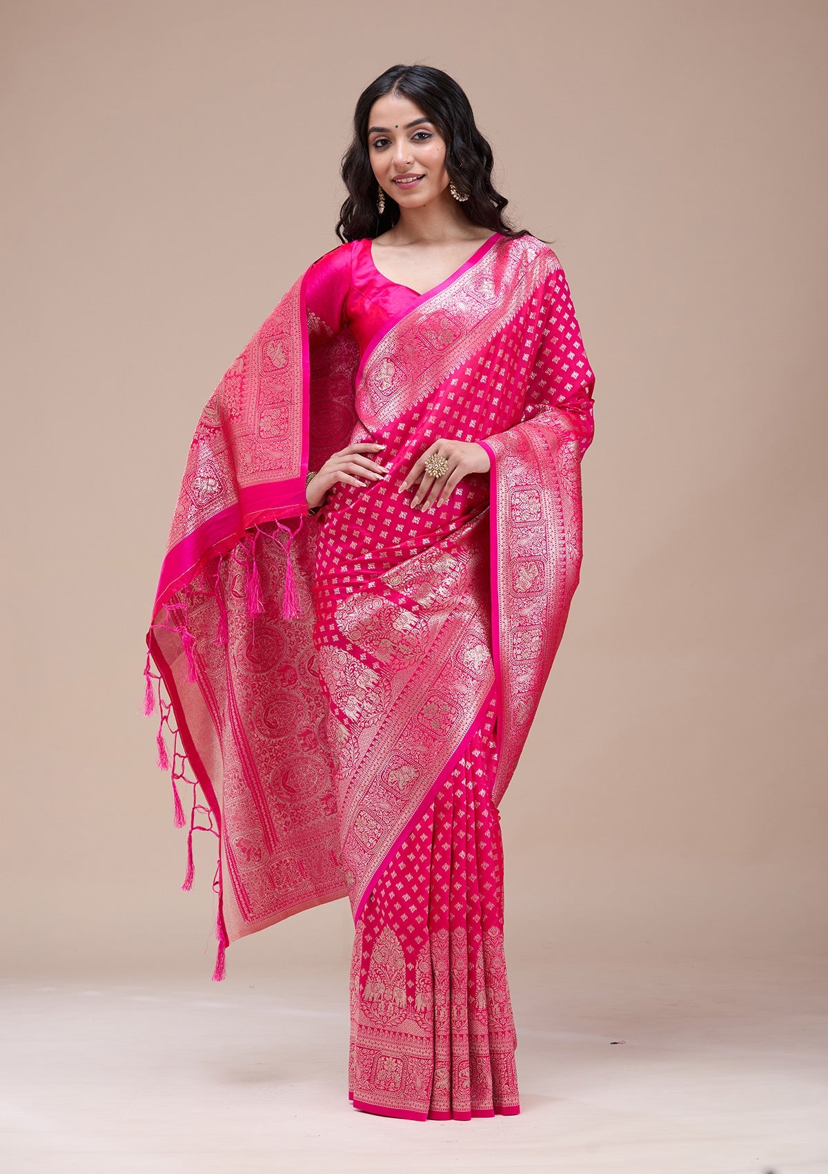 Magenta Pink Stonework Banarasi Silk Saree