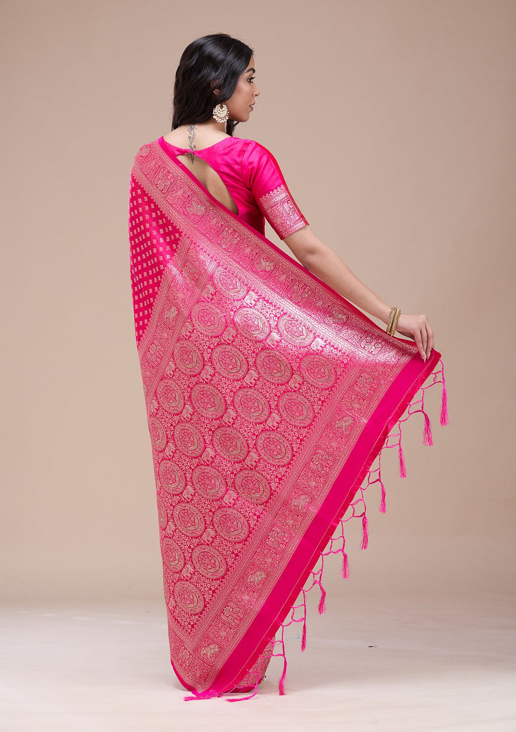 Magenta Pink Stonework Banarasi Silk Saree