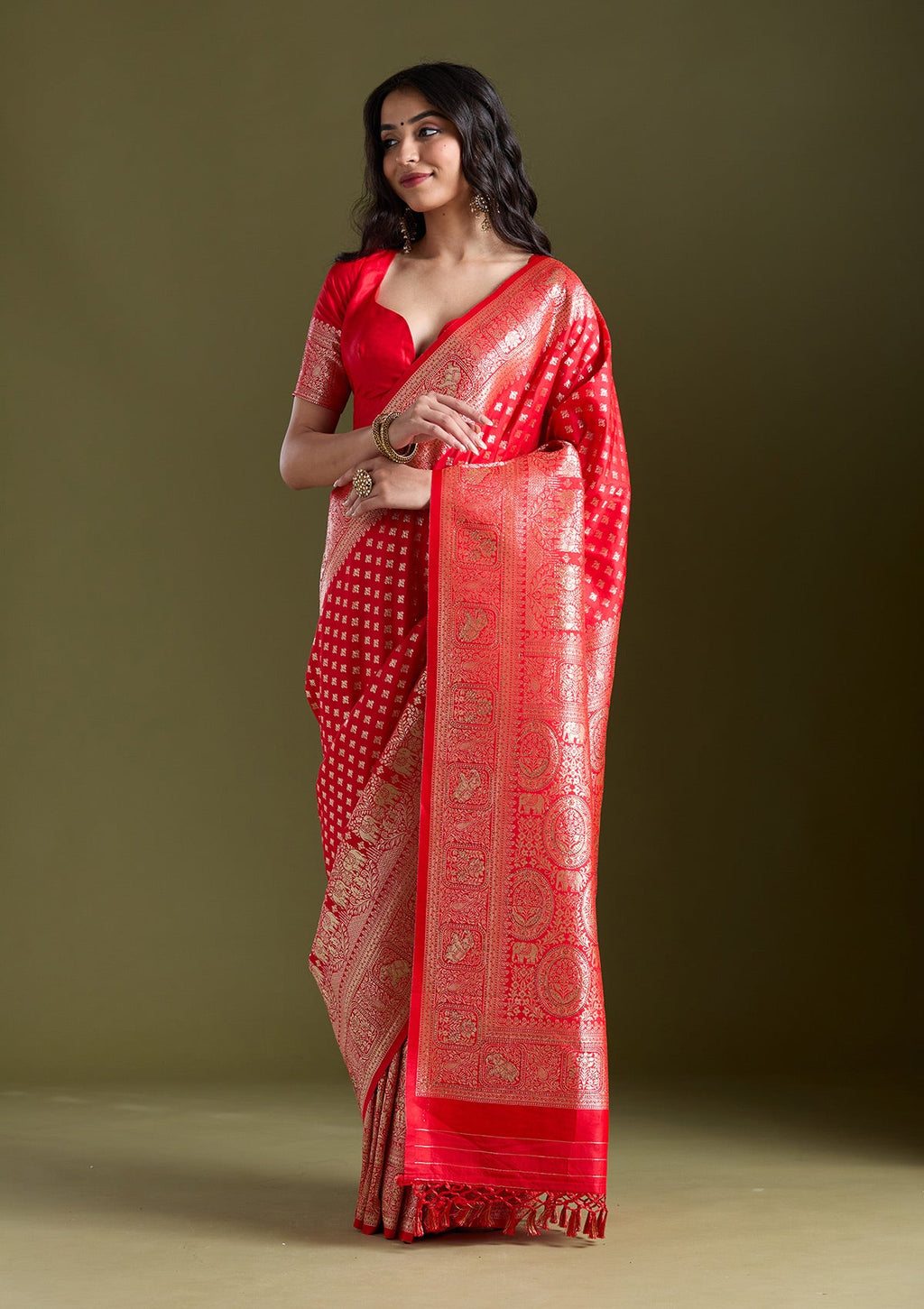Red Stonework Banarasi Silk Saree