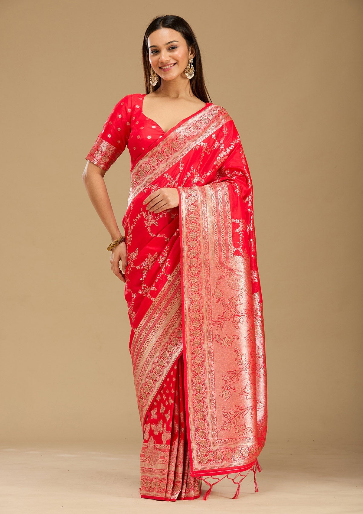 Red Stonework Silk Saree