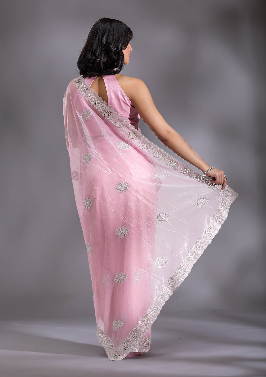 Baby Pink Cutwork Organza Saree