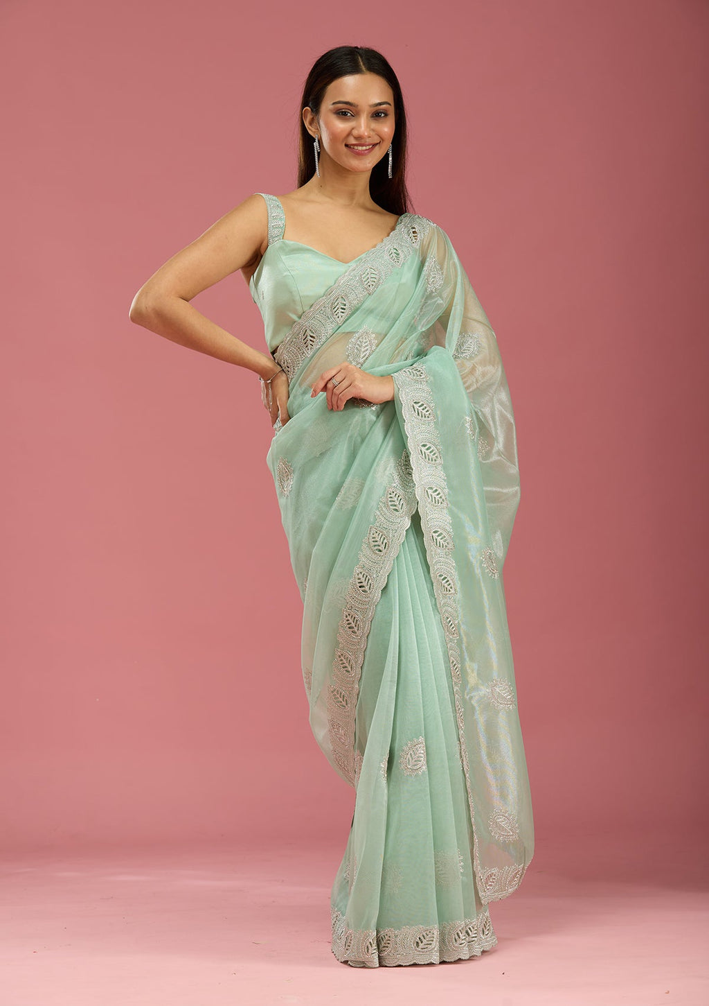 Sea Green Cutwork Organza Saree
