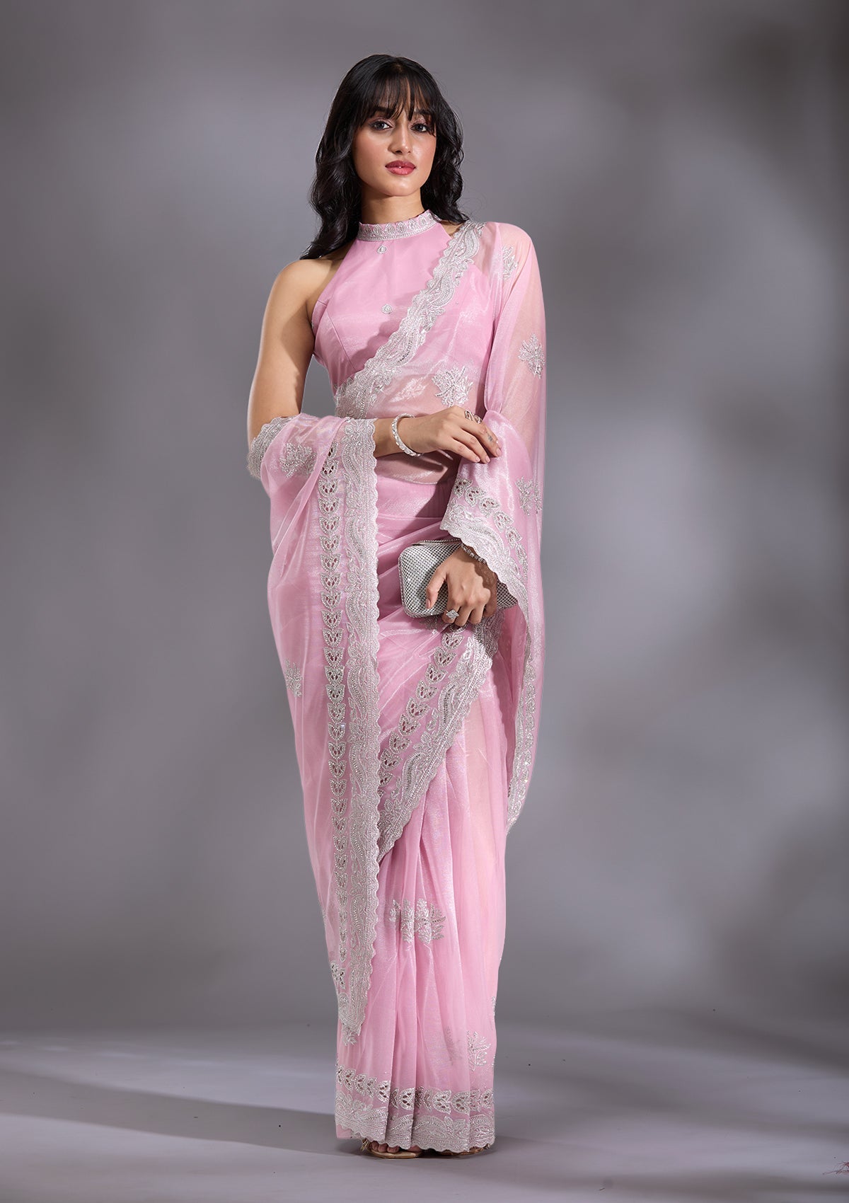 Baby Pink Cutwork Organza Saree
