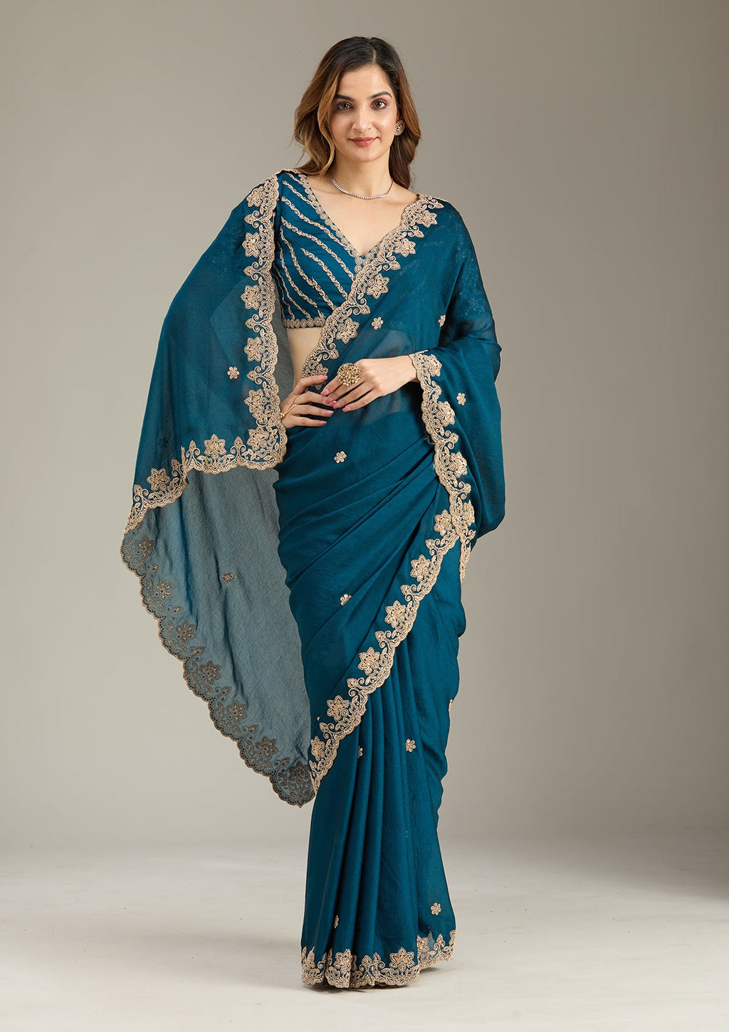 Peacock Blue Cording Semi Crepe Saree