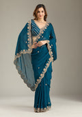 Peacock Blue Cording Semi Crepe Saree