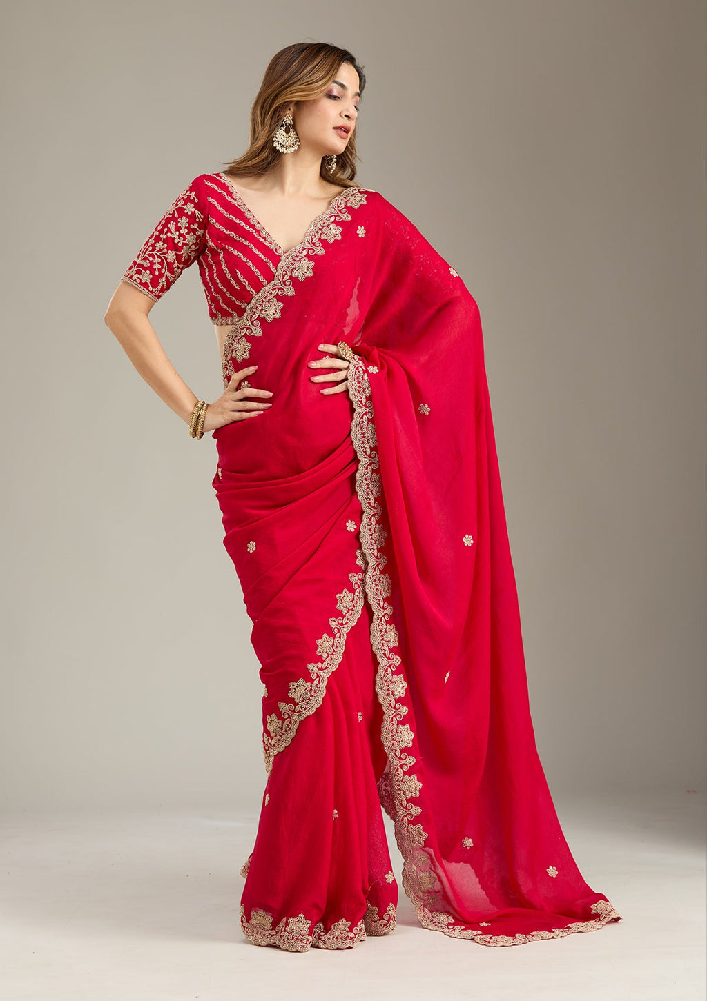 Rani Pink Cording Semi Crepe Saree