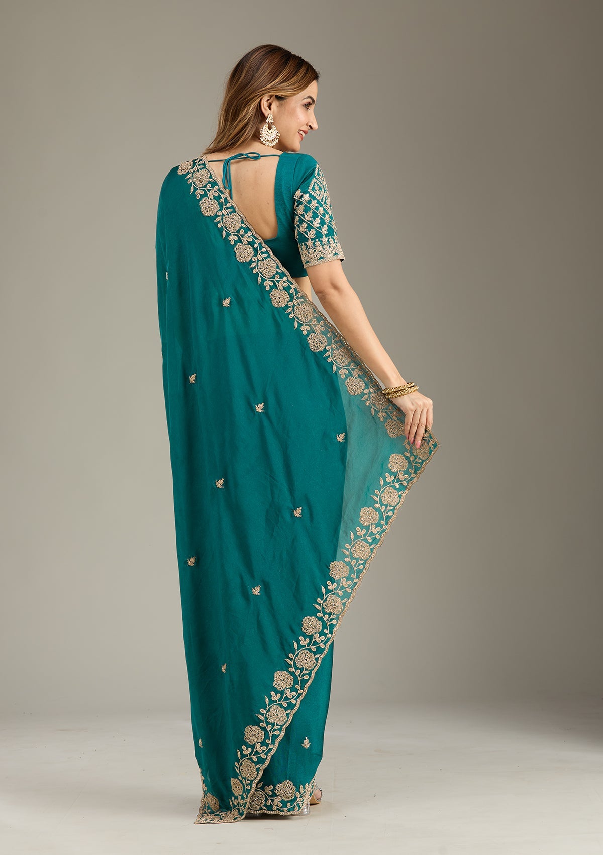 Teal Green Cording Georgette Saree