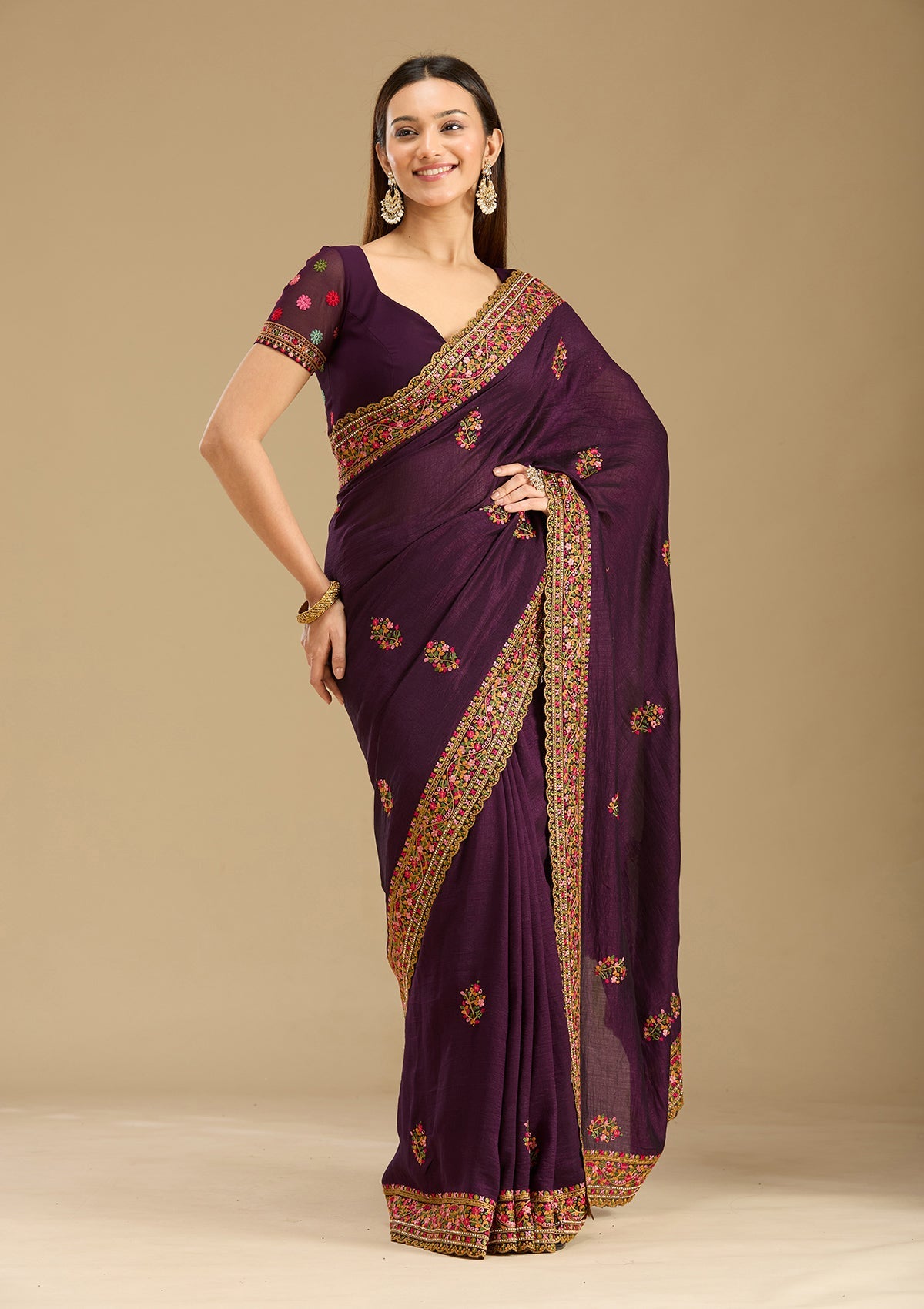 Purple Kashmiri Soft Raw Silk Saree