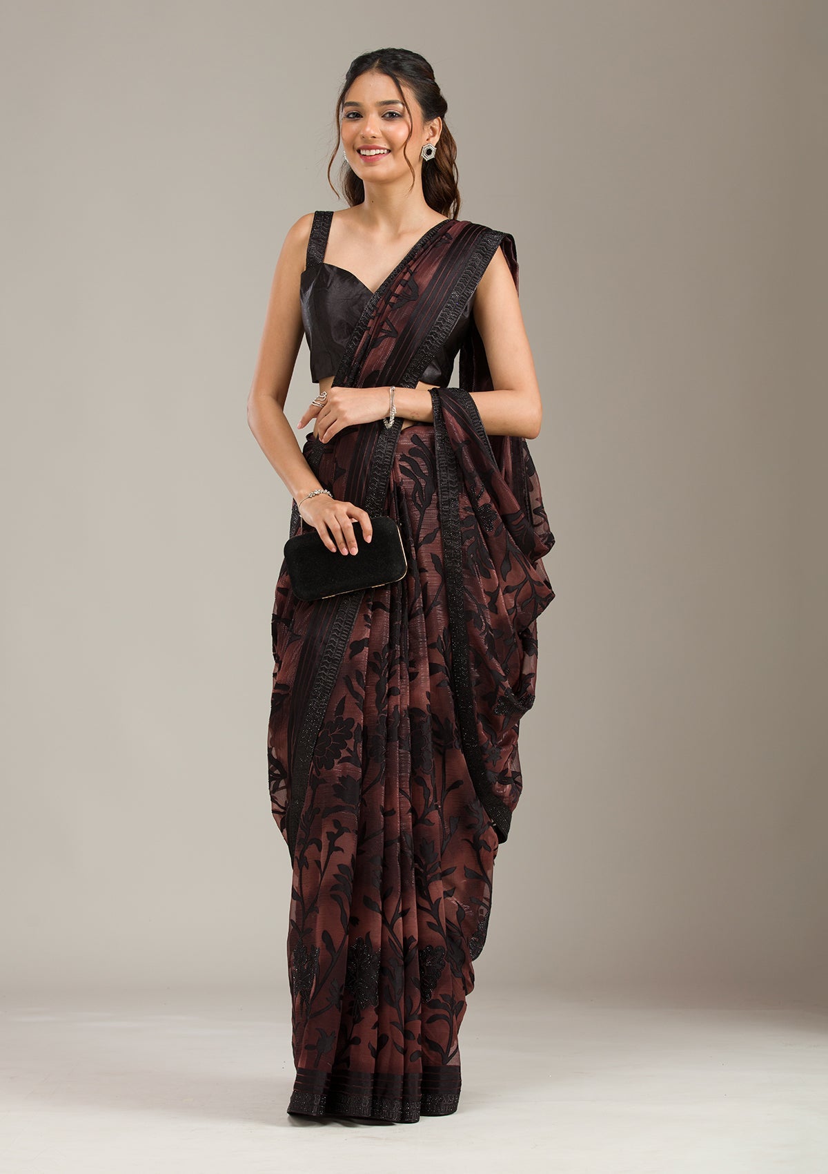 Brown Stonework Chiffon Saree