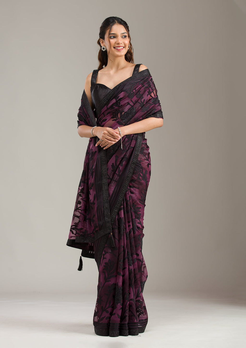 Wine Swarovski Chiffon Saree