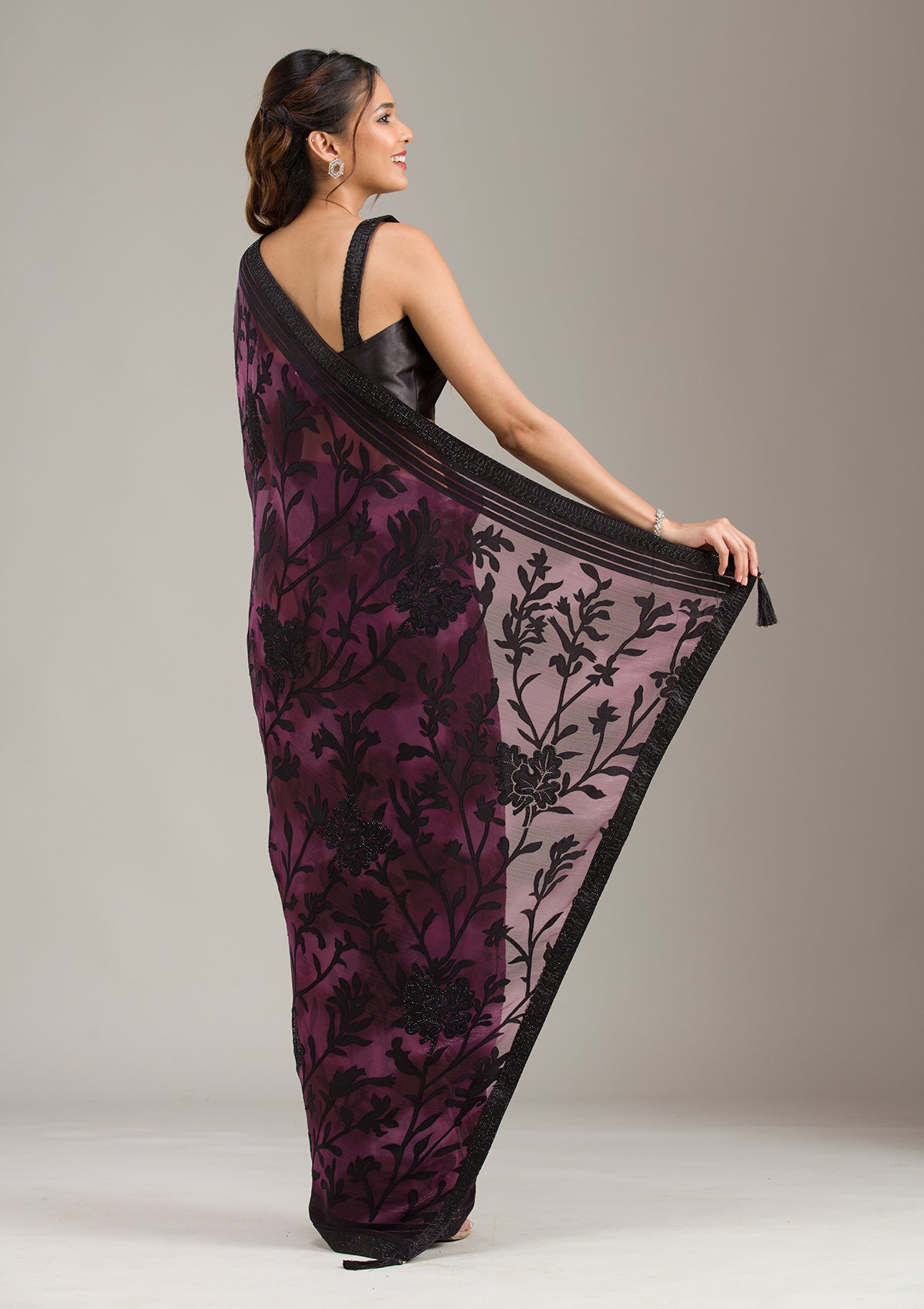 Wine Swarovski Chiffon Saree