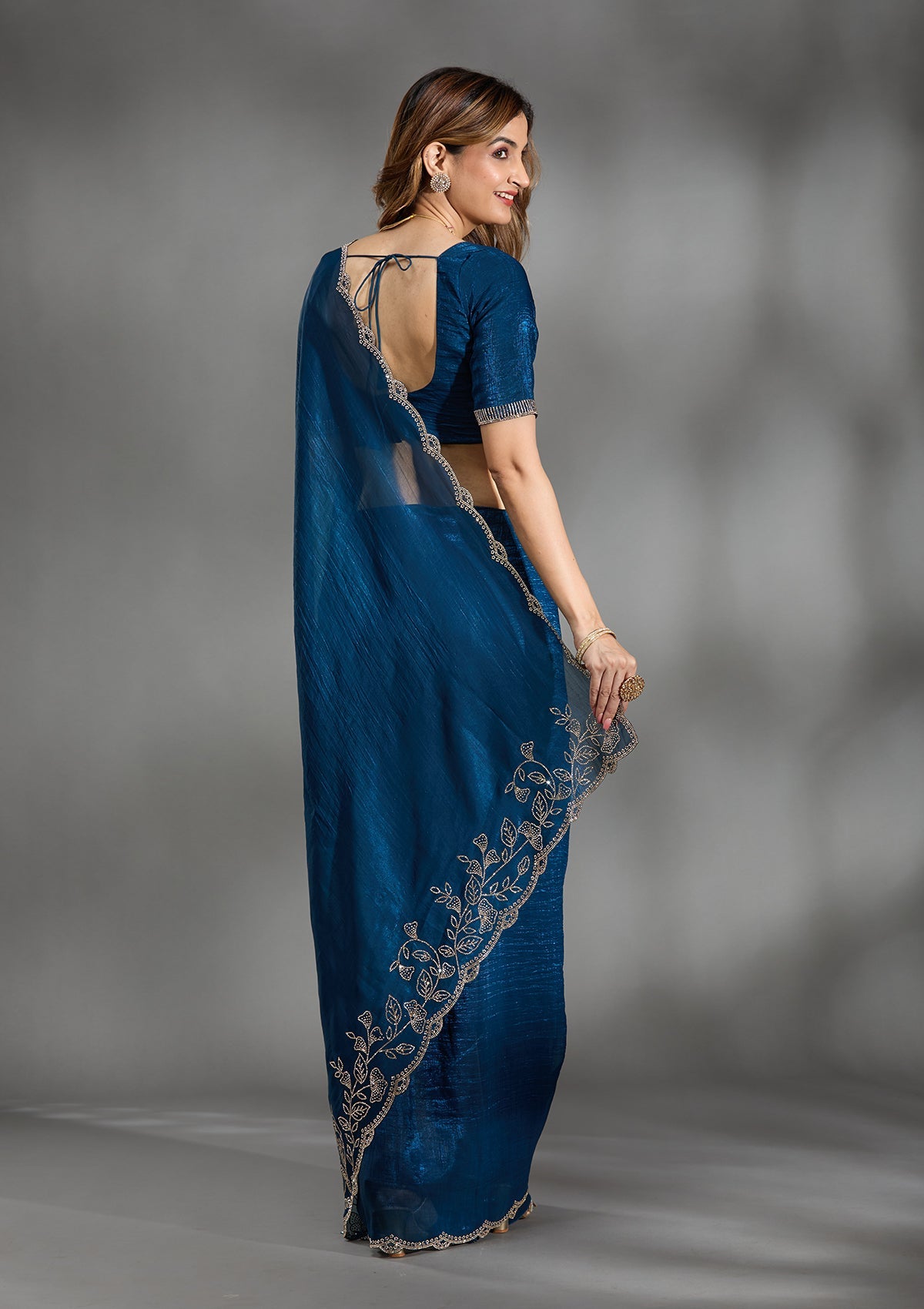 Navy Blue Stonework (Gold) Georgette Saree