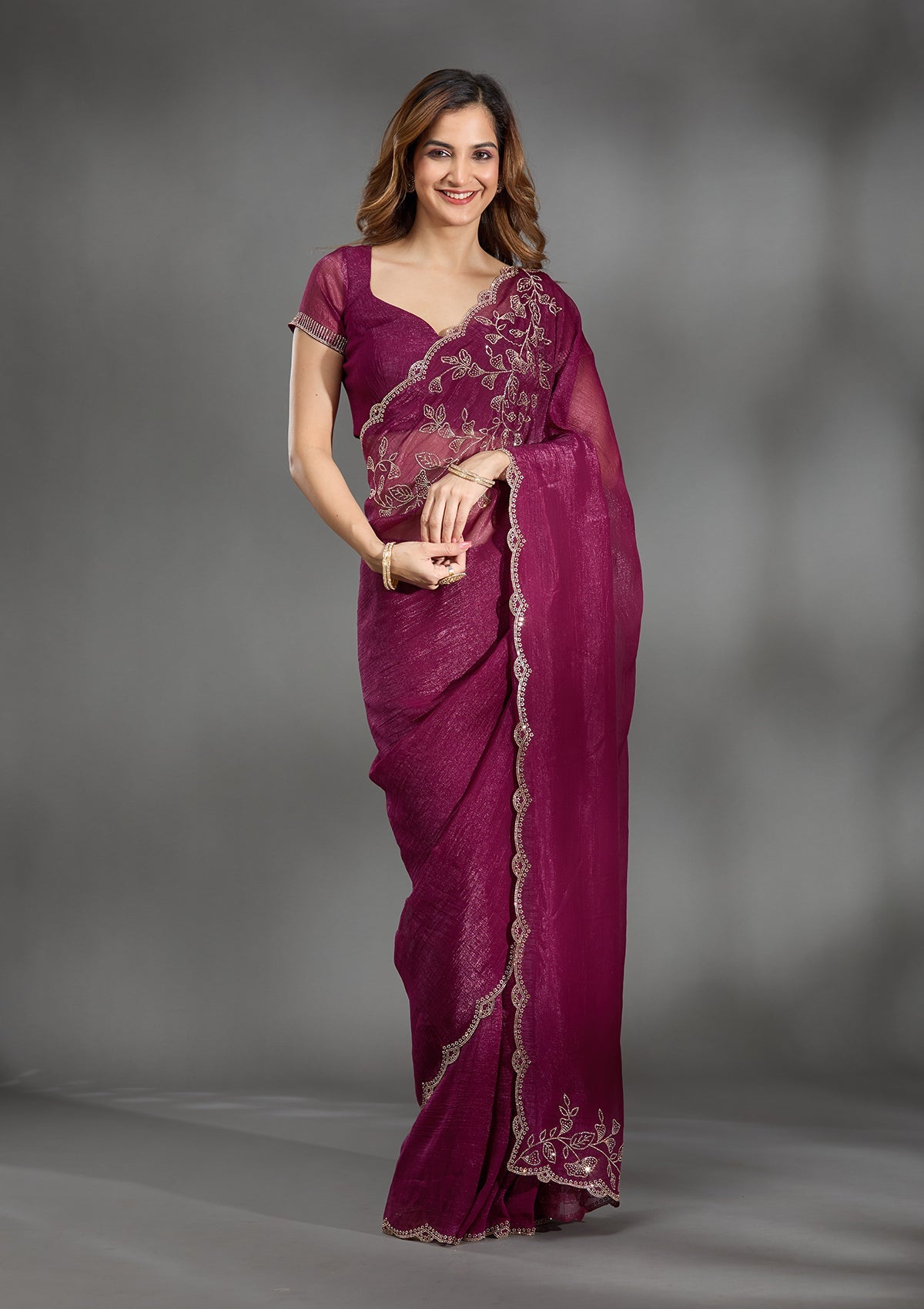 Wine Stonework (Gold) Georgette Saree