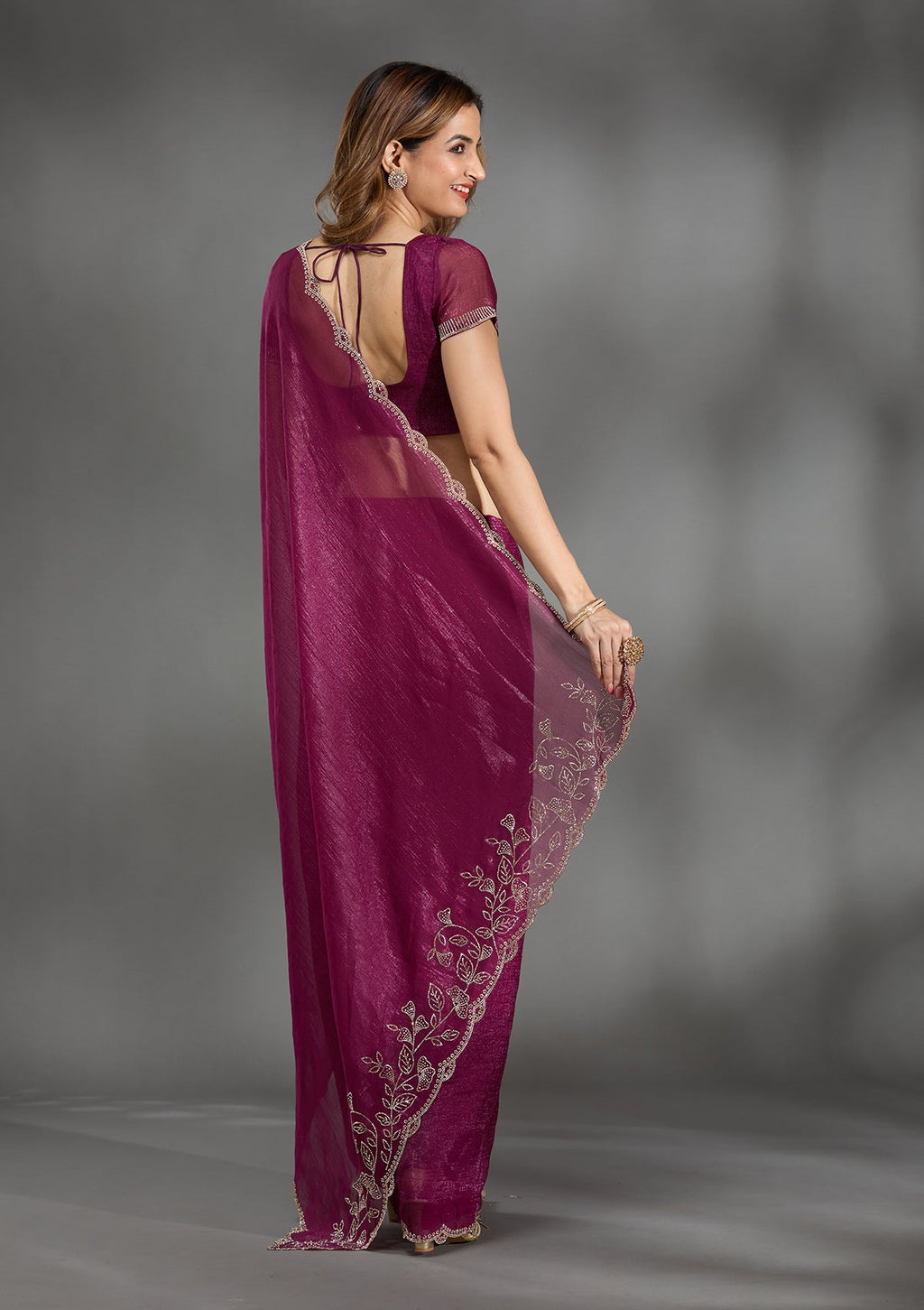 Wine Stonework (Gold) Georgette Saree